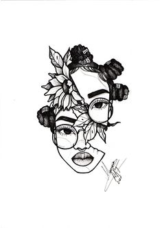 a drawing of a woman's face with flowers on her head