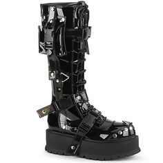 Breakdown Platform Boots 2" Platform Vegan Patent Leather Lace-Up Front Knee High Boot Cargo Side Pocket Quick Release Plastic Buckle Straps Studding & Triangle Ring Details Full Back Metal Zip Closure Black Goth Platform Boots, Demonia Boots, Knee High Platform Boots, Alternative Shoes, Demonia Shoes, Dr Shoes, Punk Boots, Triangle Ring, Black Platform