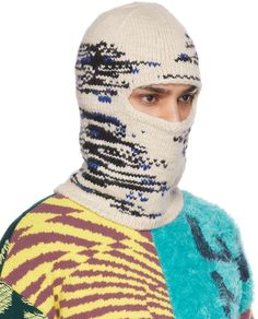 Knit wool balaclava in off-white featuring graphic pattern in black and blue. Part of the Stella McCartney x Ed Curtis collaboration. Made from cruelty-free materials. Face masks and face coverings are final sale and are not eligible for return or exchange. Supplier color: Natural Knit Balaclava, Knitted Balaclava, Face Coverings, Graphic Patterns, Natural Wool, Luxury Streetwear, Face Masks, Stella Mccartney, Knitted Hats