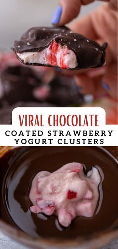 a chocolate covered strawberry yogurt cluster is being held up by a person with a spoon