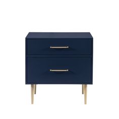 a blue nightstand with two drawers and gold handles on the bottom, against a white background