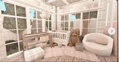 a teddy bear is sitting in the corner of a room next to a crib