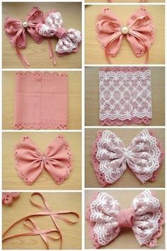 many different types of bows and laces are shown in this collage, including one with