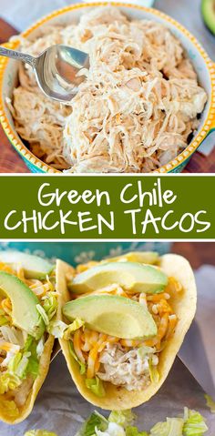 green chile chicken tacos with avocado and shredded cheese in the middle, on a plate