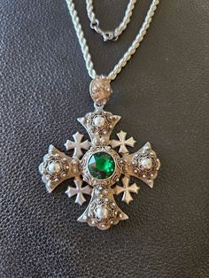 "Bulky and heavy Jerusalem cross in sterling silver.  The cross is 2.5 inches long with bail and 2 inches wide.  The Jerusalem cross is a 20 inch long sterling silver rope chain.  It can be worn by both men and women.  The cross is marked \"silver\" and \"900\"." Weird Accessories, Emerald Cross, Silver Jewelry Necklaces, Silver Rope Chain, Rope Chain Necklace, Silver Jewelry Necklace, Jewelry Pendants, Dope Jewelry