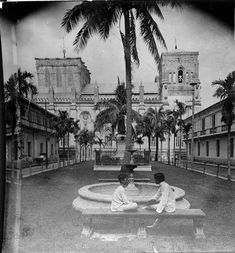 two people sitting on a bench in front of a building with palm trees around it