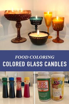 colorful glass vases with candles Modge Podge Crafts Glass Food Coloring, Vintage Glass Candles Diy, Vintage Glass Upcycle, Thrifted Diy Decor, Painting Glass Candlesticks, Thrift Flips Decor, Thrifted Party Decor