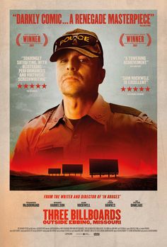 a movie poster for three billboards with a man in uniform looking at the camera