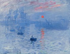 a painting with boats in the water and red sun behind it, on a cloudy day