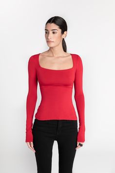 Extra Long Sleeves, Red Long Sleeve, Viscose Fabric, Jersey Top, Square Neckline, Black Long Sleeve, Abercrombie Fitch, Double Layer, Winter Outfits