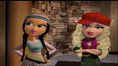 two cartoon girls standing next to each other in front of a brick wall and fireplace