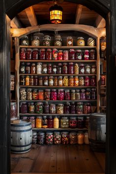 an open door to a room filled with lots of jars and containers full of food