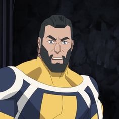 an animated man with a beard and yellow outfit