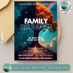 a family reunion flyer is shown with an image of a tree and rainbows in the sky