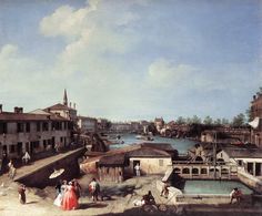 a painting of people walking on a street next to a body of water with buildings in the background