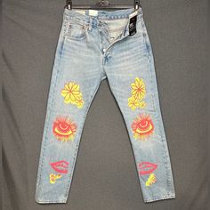 Levi’s 501s Summer Love Jeans Sun Festival 28x30 36x30 32x32 33x30 “ Up Tight Love “ “ Out Of Sight Groovy “ Levi's Jeans For Summer Streetwear, Levi's Summer Streetwear Jeans, Retro Jeans With Graphic Print For Spring, Summer Fitted Jeans With Graphic Print, Fitted Graphic Print Jeans For Summer, Summer Graphic Print Fitted Jeans, Levi's Blue Jeans For Summer, Levi's Retro Jeans For Spring, Retro Levi's Jeans For Spring