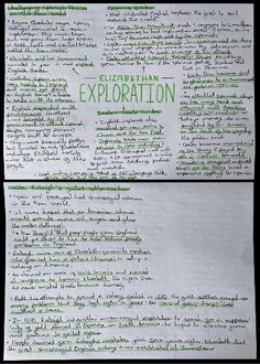 two pieces of paper with green writing on them, one has an exploration