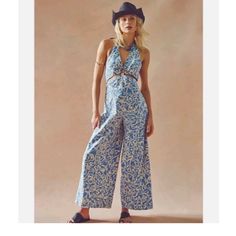 Never Worn Mod Print, Halter Strap, Free People Pants, Smocking, Pant Jumpsuit, Jumpsuit Romper, Blue White, Free People, Wide Leg