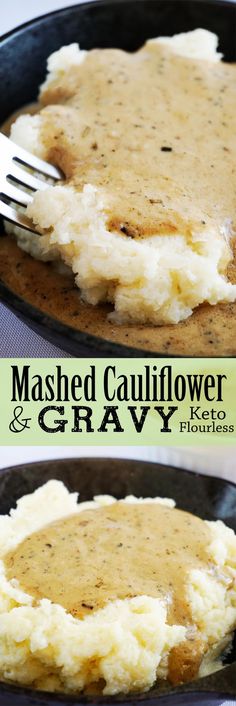 mashed cauliflower and gravy in a skillet with a fork