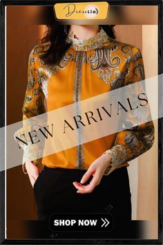 Back to School Outfit Fashion Printed Silk Shirt Women's Spring New Temperament High-end Embroidered Shirt Stand-up Collar Long-sleeved Top Embroidered Collar Top For Fall, Elegant Yellow Embroidered Blouse, Embroidered Fall Tops With Collar, Elegant Embroidered Shirt For Fall, Elegant Embroidered Fall Shirt, Elegant Embroidered Yellow Top, Elegant Yellow Embroidered Top, Elegant Yellow Long Sleeve Shirt, Elegant Long Sleeve Yellow Shirt