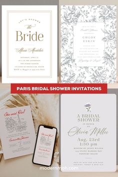 wedding stationery and bridal shower cards with the words, paris bridal shower