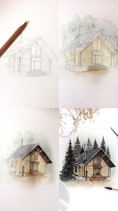 three pictures of houses with trees in the background and watercolor pencils on paper