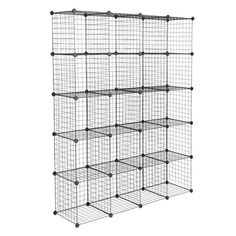 the wire shelving unit is shown with four shelves on one side and two sides