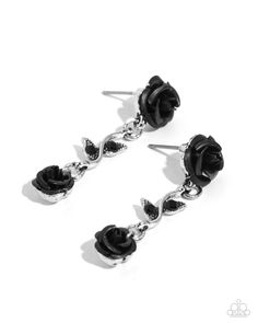 Cascading from a black acrylic rose, a black rhinestone-encrusted silver vine with a similar black rose at its end cascades from the ear for a whimsical glow. Earring attaches to a standard post fitting. Sold as one pair of post earrings. Get The Complete Look! Necklace: "ROSE Without Saying...- Black" (Sold Separately) Acrylic Rose, Ear Crawler Earrings, Rose A, Necklace Rose, Black Bracelets, Black Acrylic, Black Necklace, Seed Bead Necklace, Men's Necklace