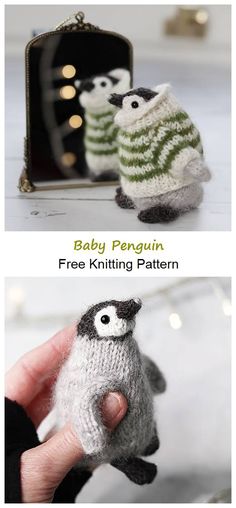 there are two pictures of small knitted penguins in front of a mirror, and one has a baby penguin on it