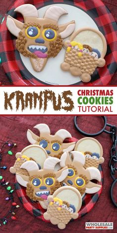 christmas cookies decorated to look like animals on a plate with text overlay that reads, christmas cookies