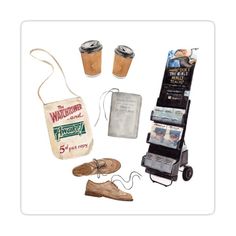 an assortment of items from the wizard's coffee shop, including shoes and bags