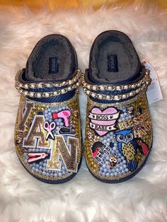 Blue and Gold Bling Crocs Shoes Blue, Designer Crocs, Crocs Platform, Crocs Slides, Platform Crocs, Bedazzled Shoes, Custom Crocs, Crocs Fashion, Sporty Fashion