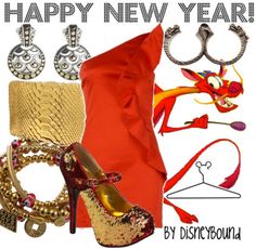 a woman's outfit and accessories are featured in this happy new year postcard