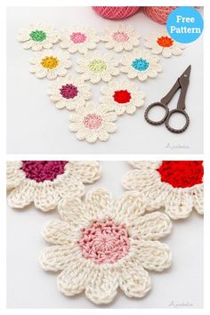 crochet flowers are shown with scissors and yarns in the background, one is white