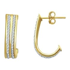 Brilliance Fine Jewelry 14K Gold Plated Sterling Silver 2 Row Crystal J Hoop Earrings. Classic J Shaped Hoops with glittering crystals are one of those WOW! Jewelry Items that every Beautiful Female would love to wear in parties and as casual wear. These stunning J shaped Hoops are studded with Genuine Austrian Crystals and are crafted in 14K Gold Plated Sterling Silver. This design is a perfect blend of style and simplicity and suitable for everyday wear.14K Gold plated jewelry gives the exact outward appearance of fine gold jewelry, without the crazy cost! And on top of that it retains the golden-luster for a considerably longer time. 14K Gold Plated Sterling Silver product is a fantastic alternative to expensive karat gold jewelry products. Hi-tech Stamping and Tubing Production Mechani Gold Channel Set Hoop Earrings For Anniversary, Gold Channel Set Earrings For Gift, Gold Hoop Diamond Earrings Channel Set, Gold Small Hoop Earrings With Channel Set, Gold Small Hoop Diamond Earrings Channel Set, J Hoop, 14k Gold Plated Jewelry, Earrings Classic, Fine Gold Jewelry