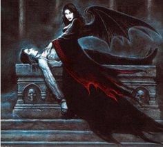 a woman laying on top of a bench next to a man in a vampire costume