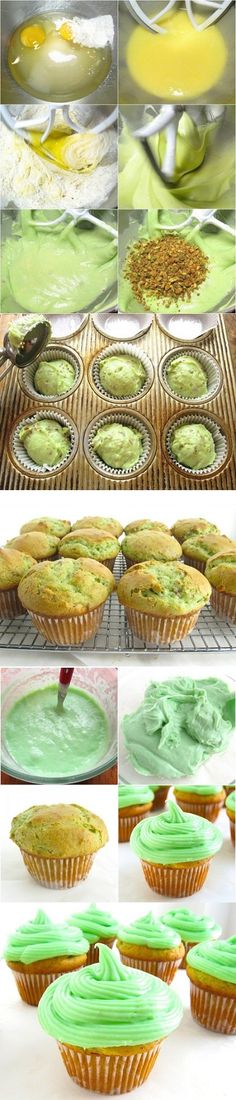 green cupcakes with frosting and icing being made in different stages to make them