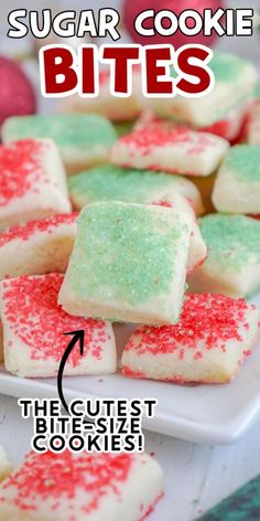 sugar cookie bites on a white plate with red and green sprinkles