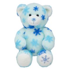 a blue and white teddy bear with snowflakes on it