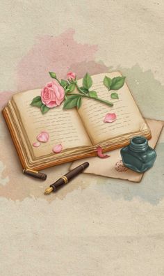 an open book with pink roses on it next to a fountain pen and inkwell