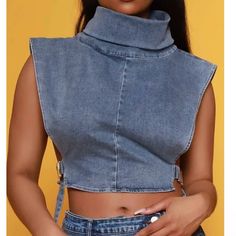 Occasion: Casual Category: Denim Composition: Polyester, Elastane, Cotton Sheer: Not Sheer Color: Blue Fit: Oversize Stretch: No Stretch Gold Buckle Approx 20” Pit To Pit And 17” In Length Turtleneck Crop Top, Denim Set, All Jeans, High Neck Sleeveless, Style Preppy, Turtleneck Top, Sleeveless Vest, Clothing Size Chart, Looks Style