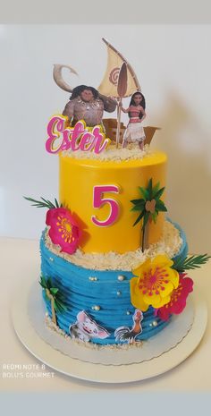 a birthday cake decorated with an image of two people on the top and bottom tier