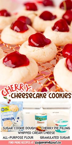 cherry cheesecake cookies on a cooling rack with the words cherry cheesecake cookies above it