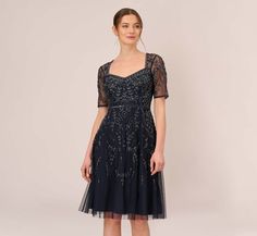 Sheer Short Sleeve Evening Midi Dress, Fit And Flare Dress With Sleeves, A-line Cocktail Dress With Sheer Sleeves, Knee-length Mini Dress With Sheer Sleeves For Evening, Cocktail Dress With Mesh Sleeves, Midi Length, Cocktail Evening Dress, Fit And Flare A-line Silhouette, Beaded Midi Dress, Floral Beaded Dress, Soft Skirt