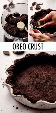 an oreo crust is being made in a pie pan and then topped with chocolate chips