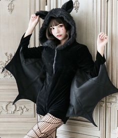 With our best regards to you! Wish your everything goes well! If you have any problems, we are very glad to help you. Wing Cloak, Spiderweb Tights, Bat Outfit, Goth Halloween Costume, Bat Halloween Costume, Halloween Costumes Plus Size, Fluffy Hoodie, Gothic Kawaii, Black Vampire