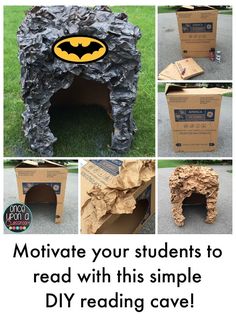 the instructions to make an easy diy batman cave with cardboard and tissue paper for kids