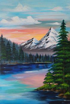 an oil painting of a mountain lake and pine trees