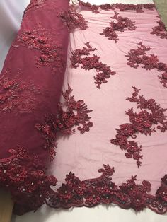 Floral - Burgundy - 3D Beaded Embroidery Fabric with Rhinestones - Beautiful Design by The Yard Red Lace Fabric For Wedding, Dear Costume, Party Outfits Night, Hand Embroidery Dress, Night Gowns, Beaded Lace Fabric, Wedding Blouse Designs, Kurti Designs Party Wear, Wedding Dress Fabrics