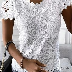 Lasaky - Elegant Lace Short Sleeve Top: A Versatile Blouse for Spring and Summer, Ideal for Womens Fashion Short Sleeve Lace Blouse, Top In Pizzo, Blouse Necklines, Women Lace Blouse, Patch Work Blouse, Lace Short Sleeve Top, Lace Vest, Lace Tshirt, Fashion Tops Blouse